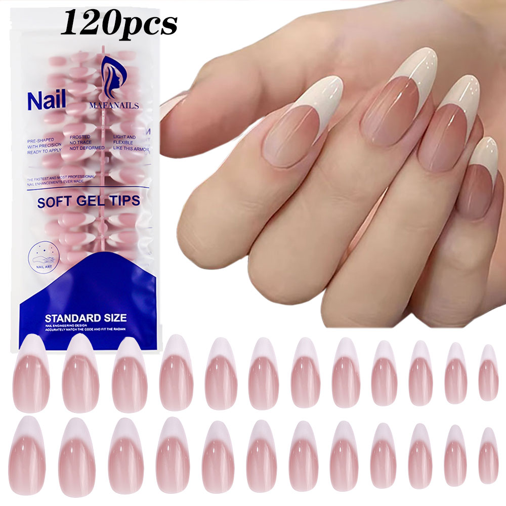 Nail Art French Nails - 120pcs สีชมพูอัลมอนด์ขนาดกลางภาษาฝรั่งเศสคําเล็บปลอมการออกแบบสีขาวภาษาฝรั่งเศสคํากดบนเล็บเต็มรูปแบบอะคริลิคเจลเล็บปลอมเคล็ดลับ #