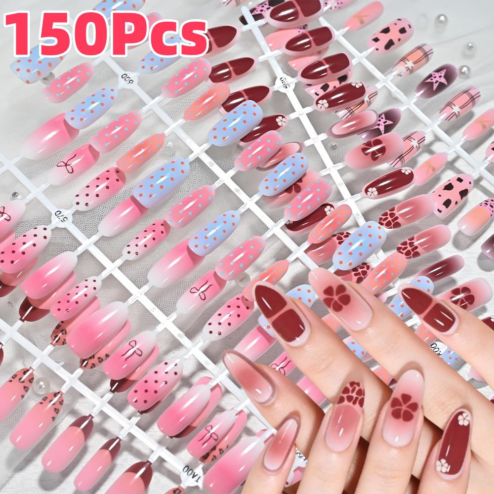 Nail Art French Nails - เล็บปลอมลายเสือดาวสีชมพูฟ้าไล่เฉด 150 ชิ้น ลายจุด ลายตาราง โบว์