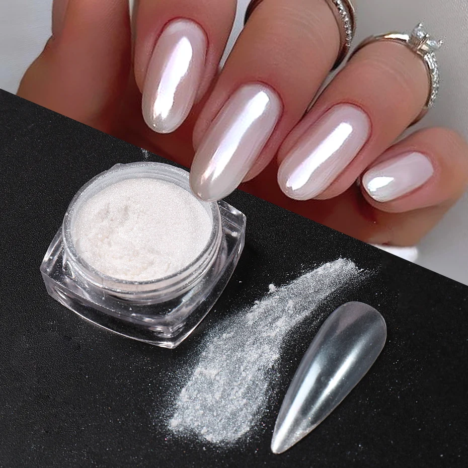 Nail Art Chrome - สีขาวมุกกระจกแสงจันทร์เล็บผง Chrome Pigment ถูบนเล็บ Glitter Mermaid