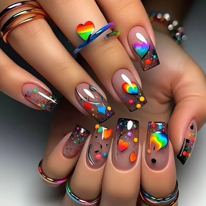 Nail Art Fake - เล็บปลอมแบบกดติด 24 ชิ้น สีนู้ด ทรงสี่เหลี่ยมสั้น พร้อมลายไล่สีรุ้ง