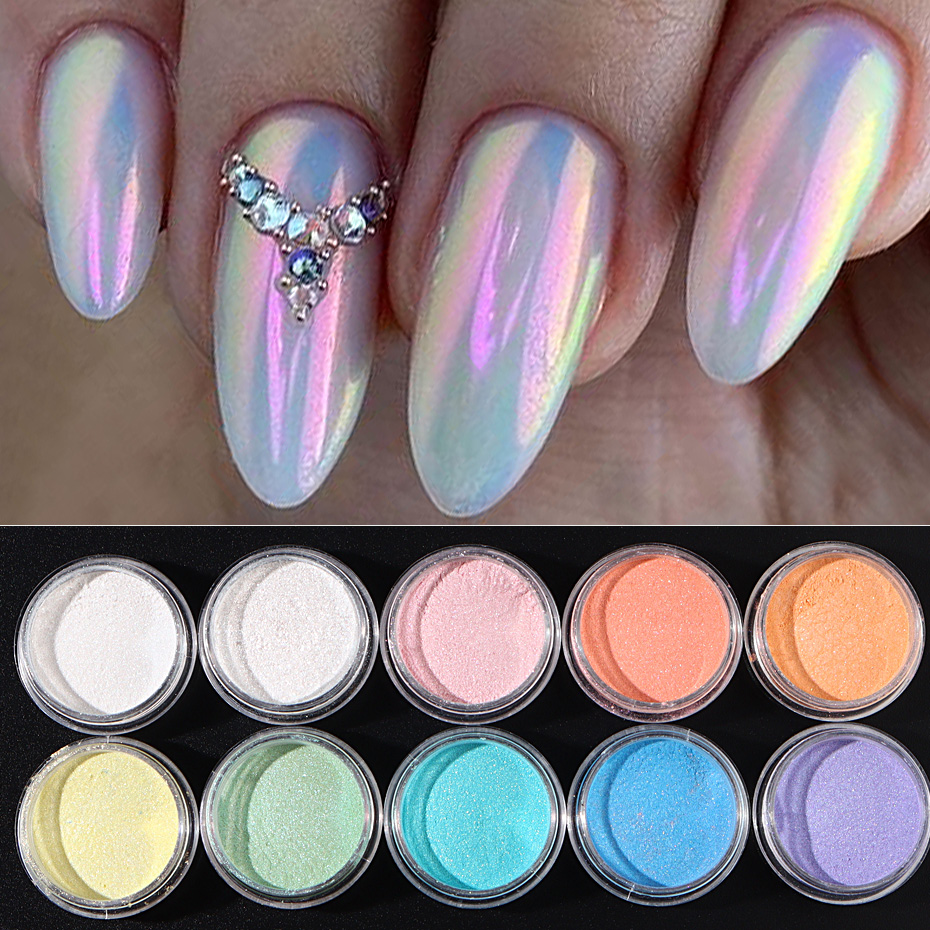 Nail Art Chrome - 10 ชิ้นชุดเล็บ Mermaid Dipping Powder Aurora