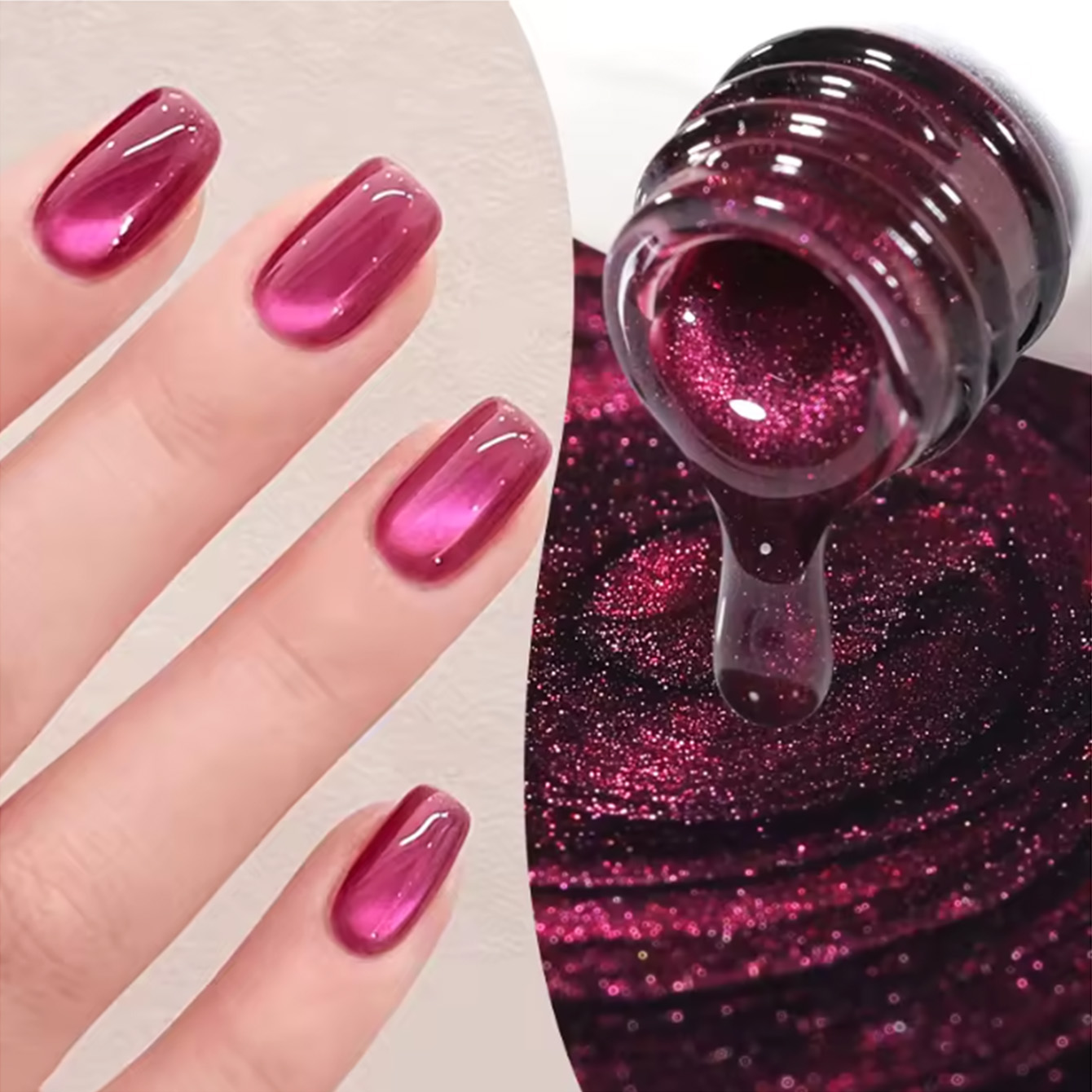Nail Art Cat Eye Pink - SHAKA ยาทาเล็บเจลสีชมพูแดงโรสอาย 1 ชิ้น พร้อมลูกปัดแก้วสีชมพูดราก้อนฟรุต สำหรับตกแต่งเล็บ