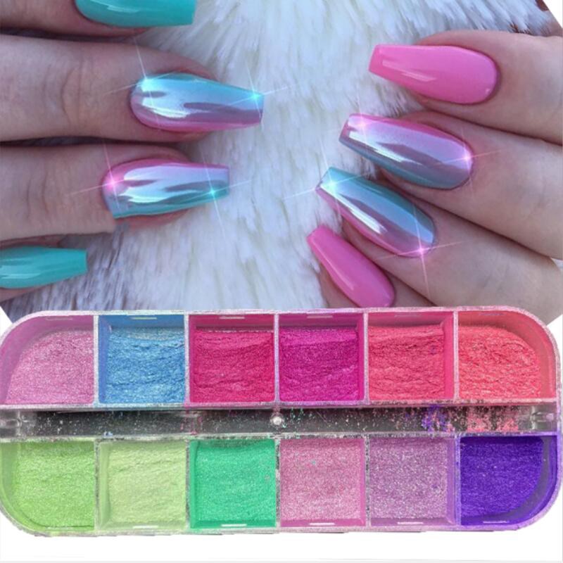 Nail Art Chrome - 12 กริด/กล่องเล็บ Glitter กระจกสีสันสดใส Shimmer Mermaid