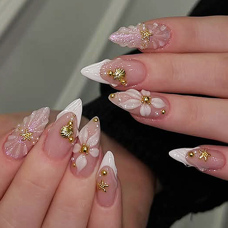 Nail Art Fake - ชุดเล็บปลอมแบบกดติด 24 ชิ้น ลายดอกไม้สีชมพูหวาน ดีไซน์เปลือกหอยมุก พร้อมใช้งานซ้ำได้
