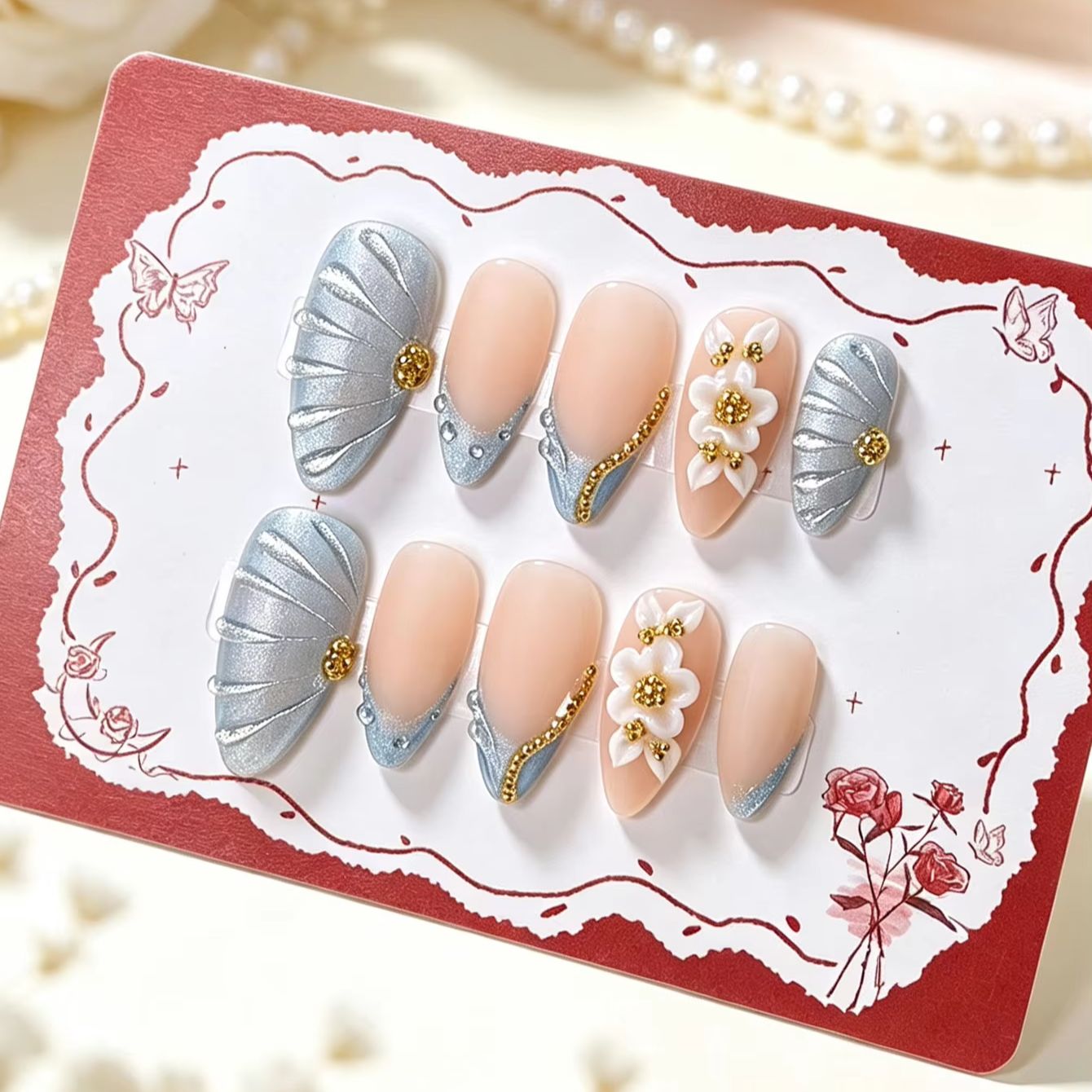 Nail Art French Nails - ชุดเล็บปลอมแบบกดติด 10 ชิ้น สีฟ้าแบบด้านสไตล์ฝรั่งเศส ดีไซน์หรูหราและโรแมนติก เรียบง่าย