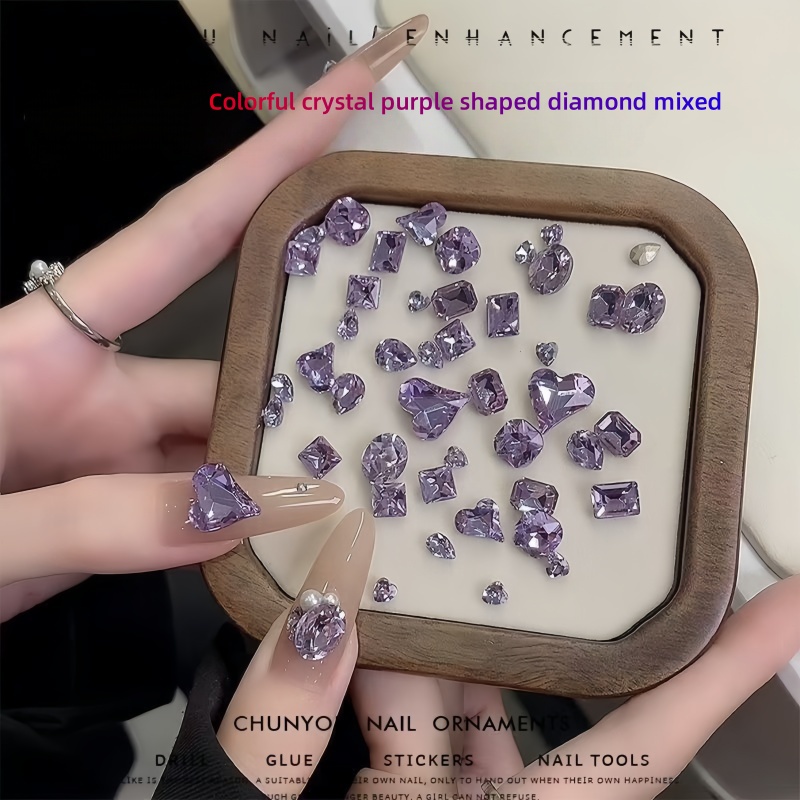 Nail Art Violet - 20/50pcs เล็บสีม่วงประกายแก้วคริสตัลเพชรสีม่วงชี้ด้านล่าง Bare Rhinestone อัญมณีเล็บอุปกรณ์เสริม Charms