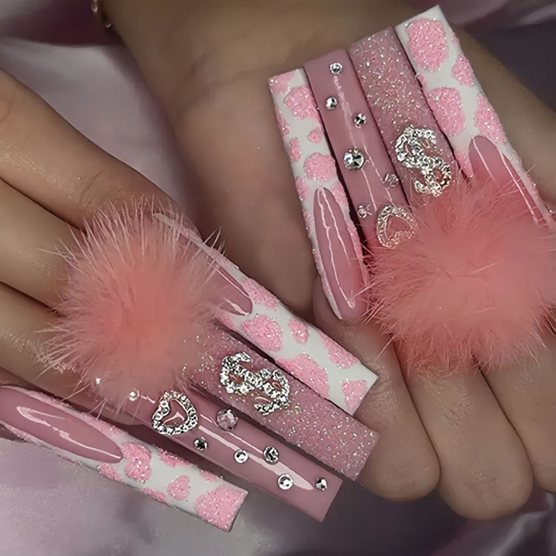 Nail Art French Nails - 24 ชิ้นยาวพิเศษสแควร์กดบนเล็บ Love รูปแบบภาษาฝรั่งเศสคําสวมใส่เต็มเล็บปลอมเคล็ดลับประดิษฐ์โลงศพเล็บปลอม