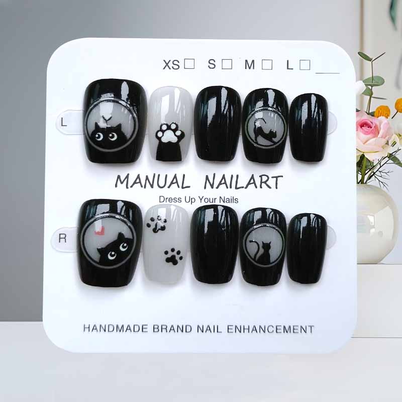 Nail Art Cat Eye Pink - เล็บปลอมลายการ์ตูนแมวน่ารักสีดำและโบว์สีชมพู 10 ชิ้น ทำมือ กดติดเล็บ หัวเหลี่ยม