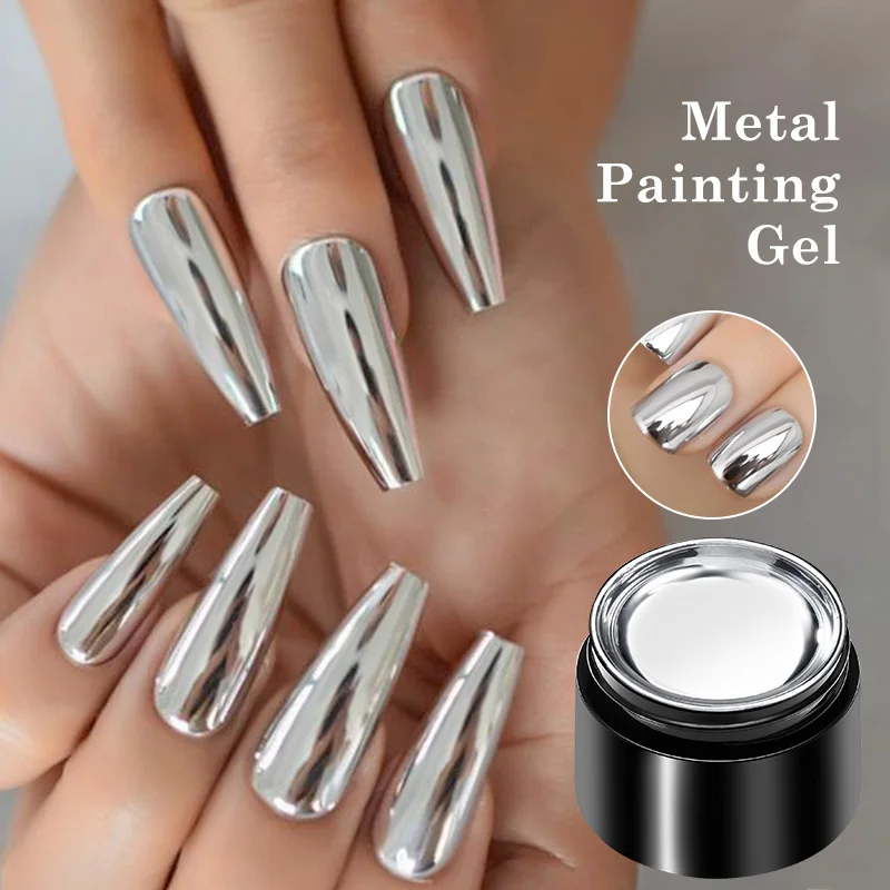 Nail Art Chrome - เจลเพ้นท์เล็บเมทัลลิก 8 มล. สีเงินโครเมี่ยม เงาแบบกระจก สุดสว่าง
