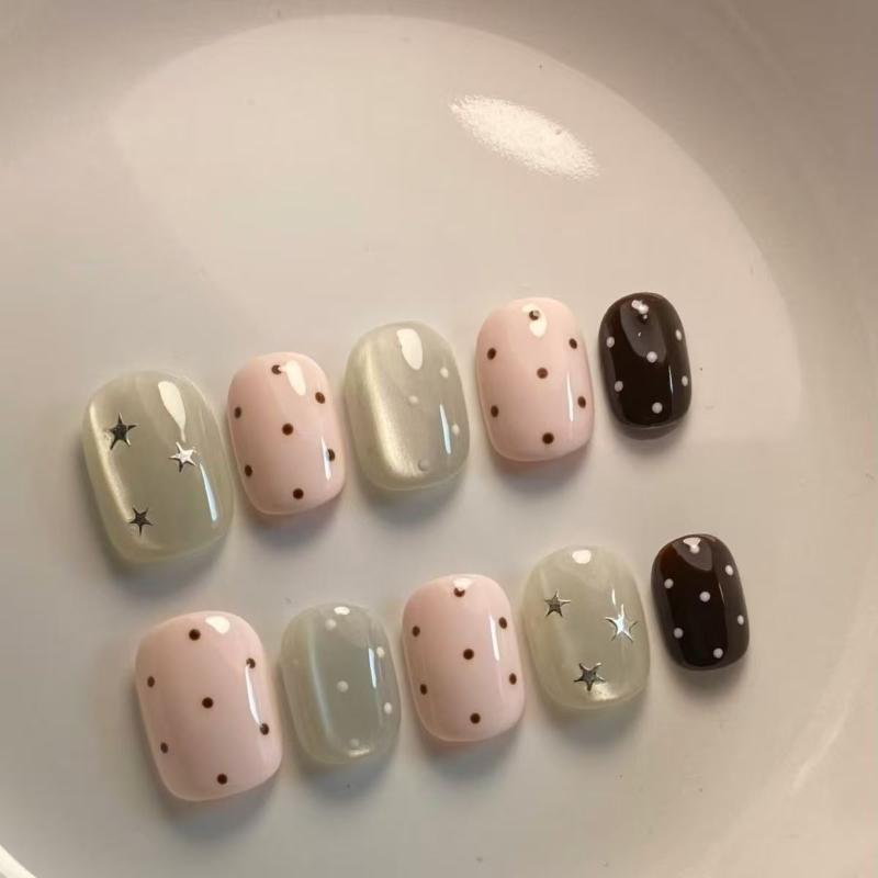 10 ชิ้น เล็บปลอมลายจุดสีชมพูรู - Nail Art Cat Eye Pink บทวิจารณ์และราคา