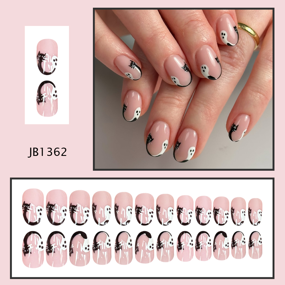 เล็บปลอมลายแมวดำผีฮาโลวีน ทรงส - Nail Art French Nails บทวิจารณ์และราคา