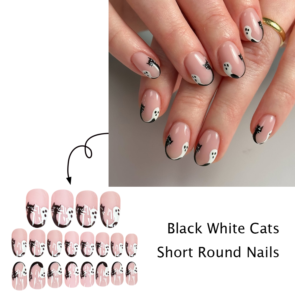 เล็บปลอมลายแมวดำผีฮาโลวีน ทรงส - Nail Art French Nails บทวิจารณ์และราคา