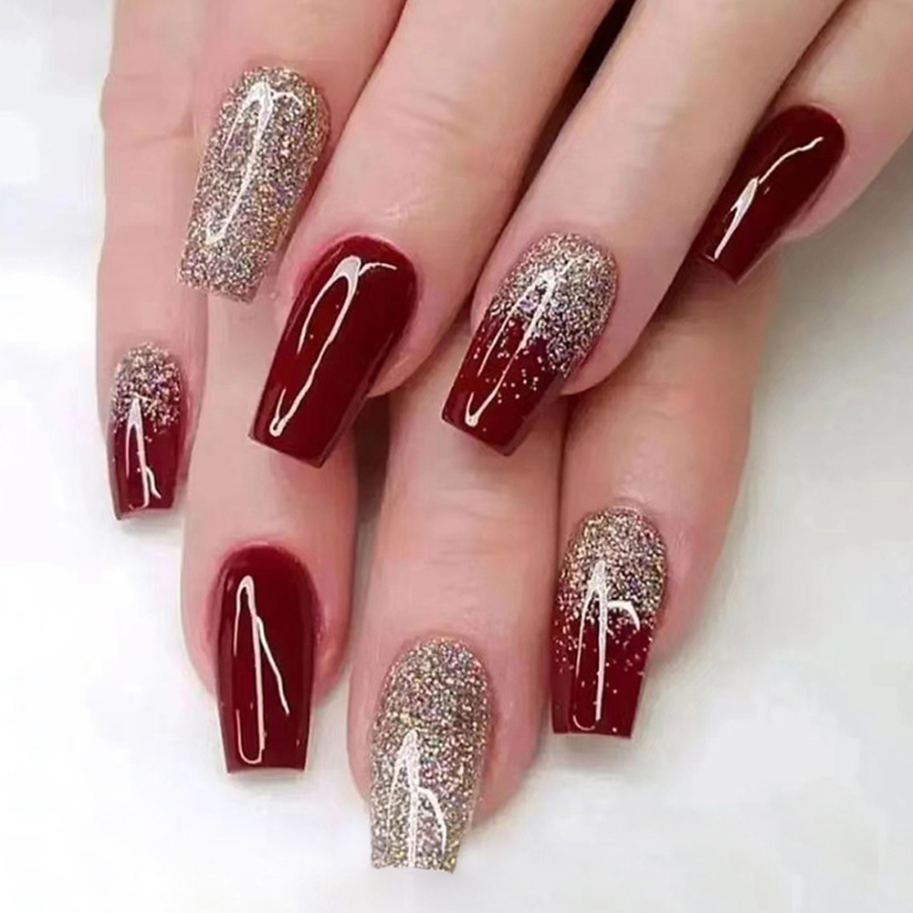24 ชิ้น เล็บปลอมสีแดงไวน์แบบแฟ - Nail Art French Nails บทวิจารณ์และราคา