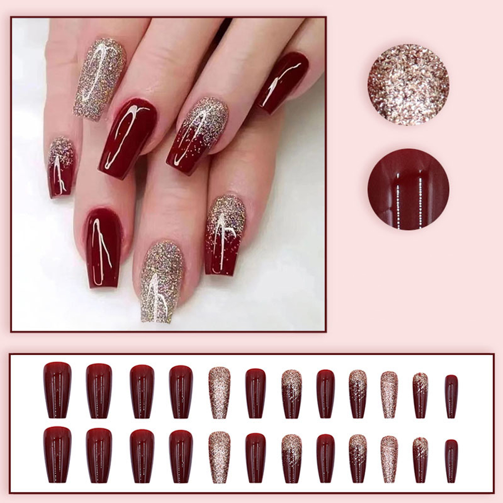 24 ชิ้น เล็บปลอมสีแดงไวน์แบบแฟ - Nail Art French Nails บทวิจารณ์และราคา