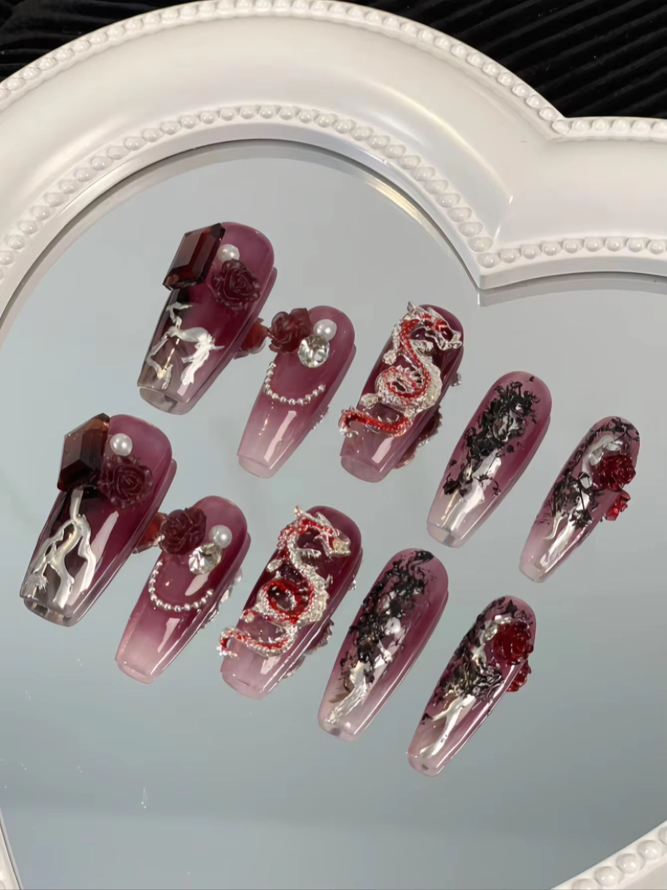 ชุดเล็บปลอมลายมังกรไล่สีชมพูม่ - Nail Art Fake บทวิจารณ์และราคา